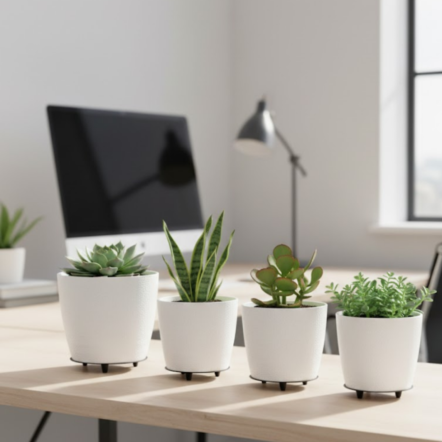 Set of 4 3D White Minimal Decorative Vases and Flowerpots with Foot