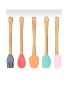 5-Piece Colorful Wooden Handle Silicone Tip Spatula Brush Spoon Set - Food Prep Set 21 Cm