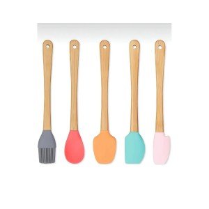 5-Piece Colorful Wooden Handle Silicone Tip Spatula Brush Spoon Set - Food Prep Set 21 Cm