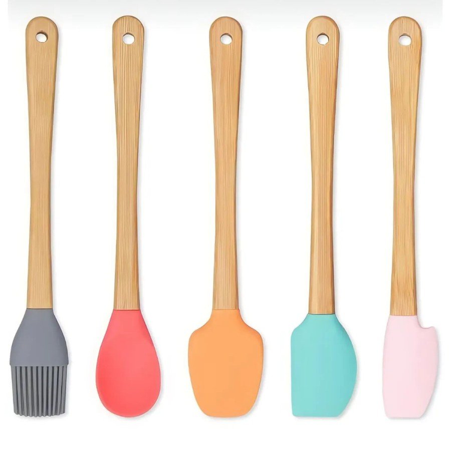 5-Piece Colorful Wooden Handle Silicone Tip Spatula Brush Spoon Set - Food Prep Set 21 Cm