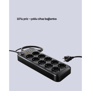 10 Multiple Socket Thermal Protected USB Type-C Output 2500W Extension Cable 10 Multiple Socket Thermal Protected USB Type-C Output 2500W Extension Cable