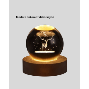 Crystal Ball LED Decorative Lamp with Deer Figure with Natural Wooden Stand