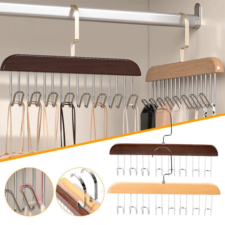 Multifunctional Wooden Belt Tie Scarf Closet Hanger with 8 Hooks