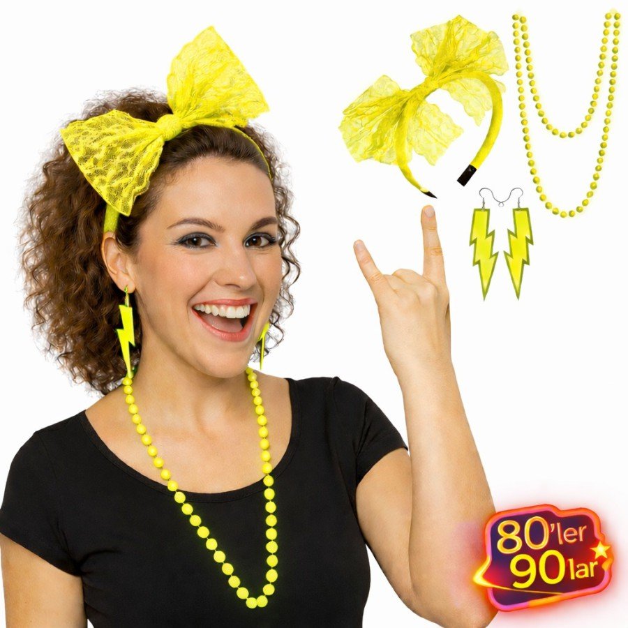 80s 90s Neon Yellow Party Set – Necklace Earring Crown