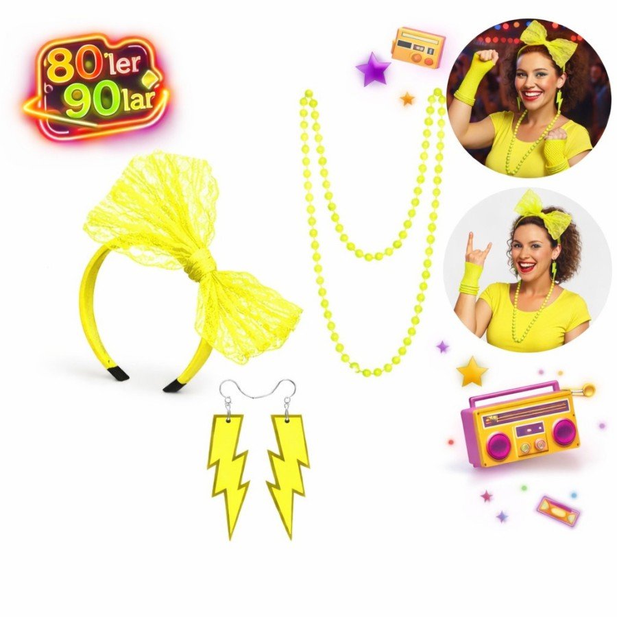 80s 90s Neon Yellow Party Set – Necklace Earring Crown