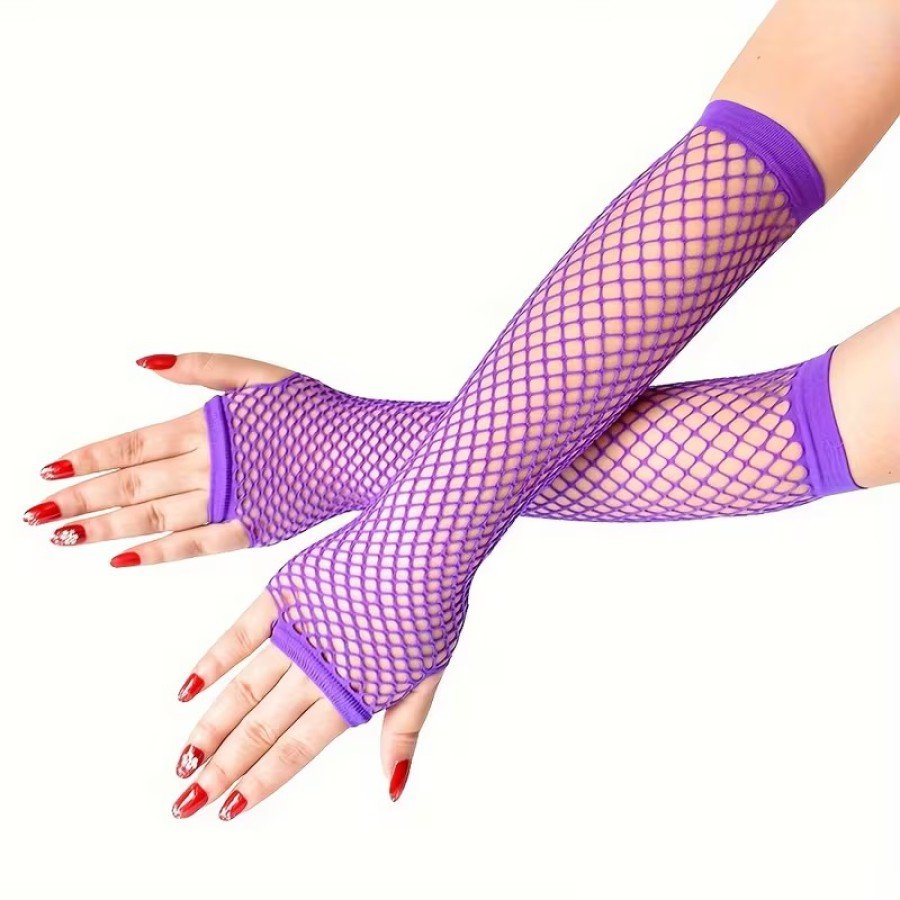 80 s 90 s Retro Purple Mesh Fingerless Gloves 26 cm