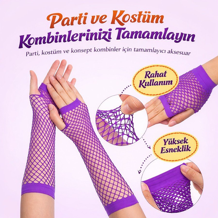 80 s 90 s Retro Purple Mesh Fingerless Gloves 26 cm