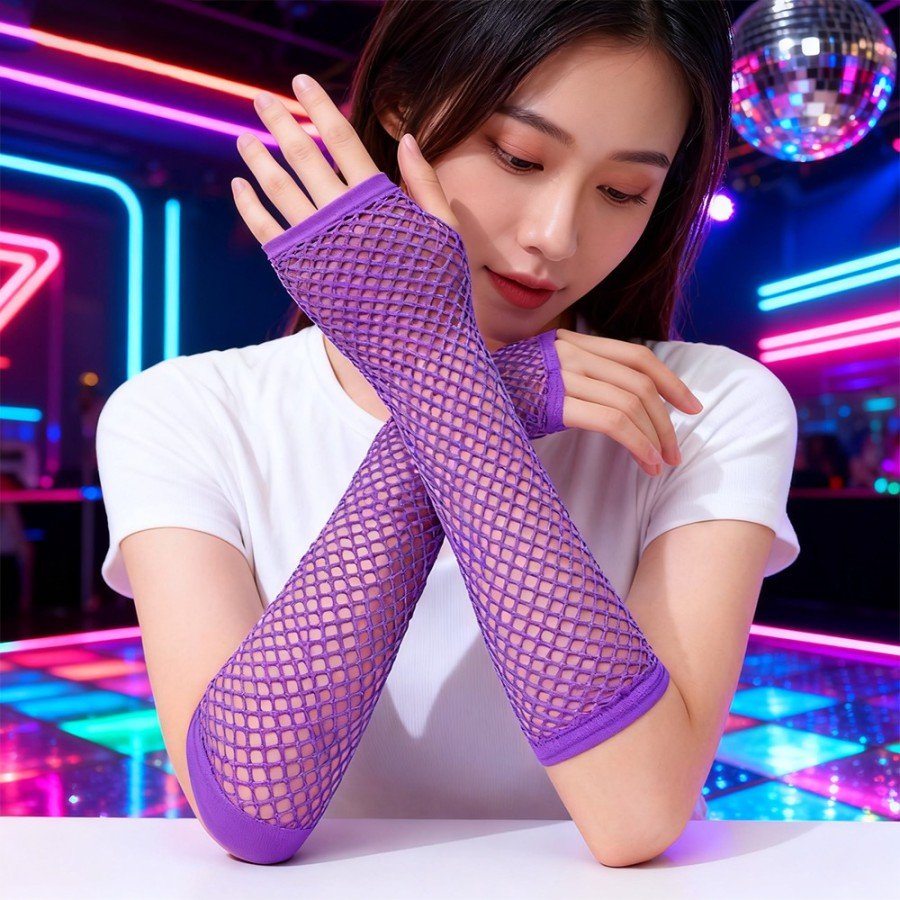 80 s 90 s Retro Purple Mesh Fingerless Gloves 26 cm