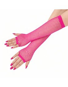 80's 90's Retro Neon Fuchsia Candy Pink Mesh Fingerless Gloves 26 cm