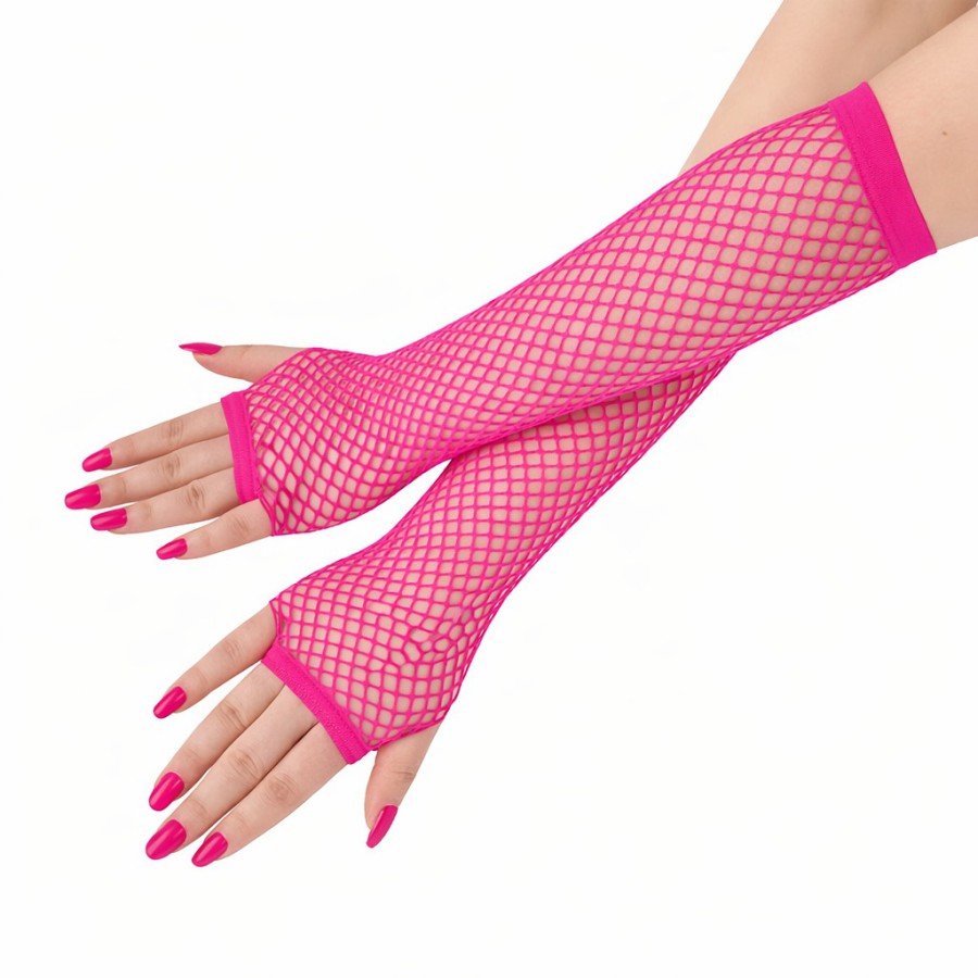 80 s 90 s Retro Neon Fuchsia Candy Pink Mesh Fingerless Gloves 26 cm