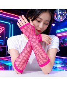 80's 90's Retro Neon Fuchsia Candy Pink Mesh Fingerless Gloves 26 cm
