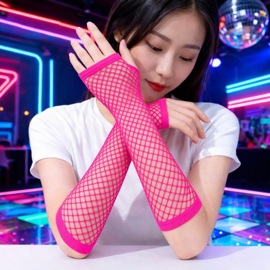 80 s 90 s Retro Neon Fuchsia Candy Pink Mesh Fingerless Gloves 26 cm
