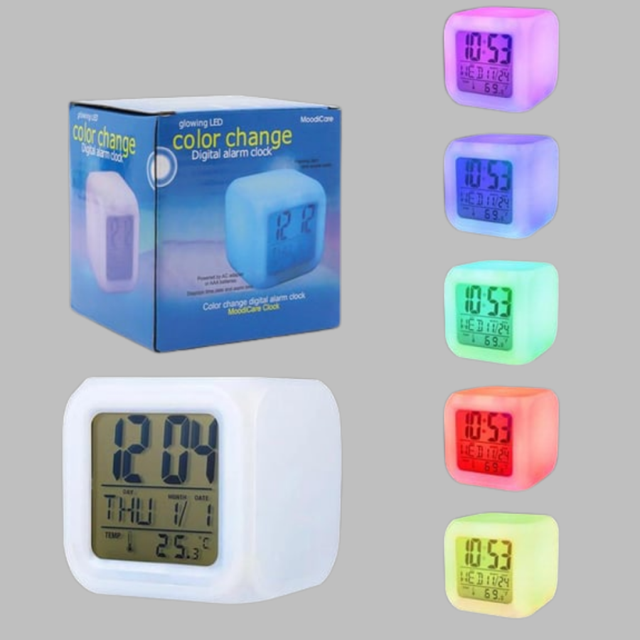 7 Color LED Lighted Alarm Digital Cube Table Clock with Thermometer