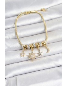 Brass Gold Color Pole Star Detailed Charm Women's Bracelet