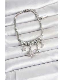 Brass Silver Color Pole Star Detailed Charm Women's Bracelet