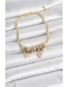 Brass Gold Color Heart Detailed Charm Women's Bracelet