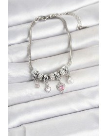 Brass Silver Color Heart Detailed Charm Women's Bracelet