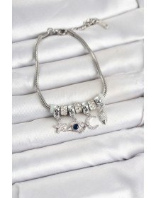 Brass Silver Color Eye Detailed Charm Women's Bracelet