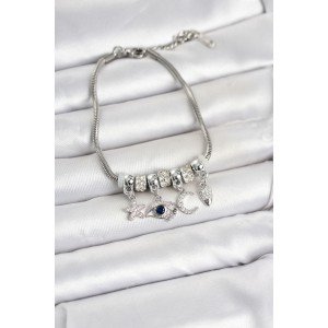 Brass Silver Color Eye Detailed Charm Women's Bracelet