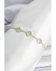 Brass Gold Color Turquoise Clover Detailed Waterway Women's Bracelet