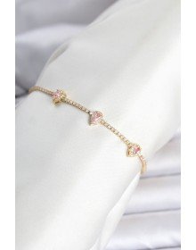Brass Gold Color Pink Drop Stone Detailed Women's Waterway Bracelet
