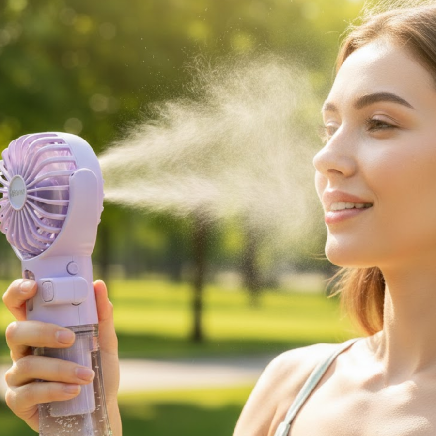Rotating Water Mist Handheld Fan – 4 Stage Wind, Transparent Water Reservoir, Quiet Operation Rotating Water Mist Handheld Fan – 4 Stage Wind, Transparent Water Reservoir, Quiet Operation