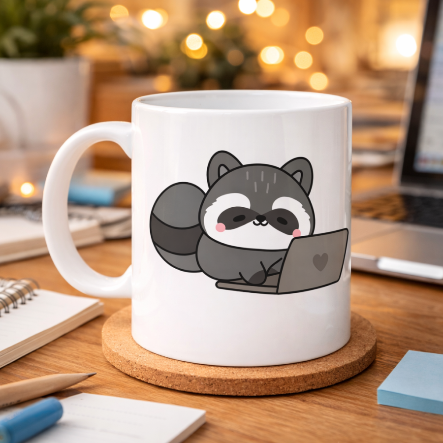 Cute Raccoon Patterned Porcelain Mug with Laptop MODEL 114 – Fun Coffee Cup for the Office, Special Sweet Gift for Employees Cute Raccoon Patterned Porcelain Mug with Laptop MODEL 114 – Fun Coffee Cup for the Office, Special Sweet Gift for Employees