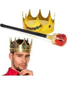 Gold Color 60 cm King Crown Royal Crown and King Scepter Set with Red Knob