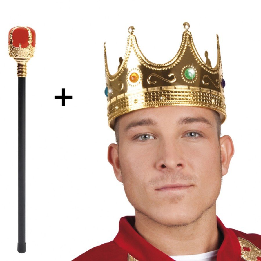 Gold Color 60 cm King Crown Royal Crown and King Scepter Set with Red Knob