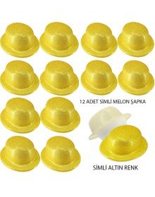 Gold Color Glitter Bowler Round Party Hat 12 Pieces