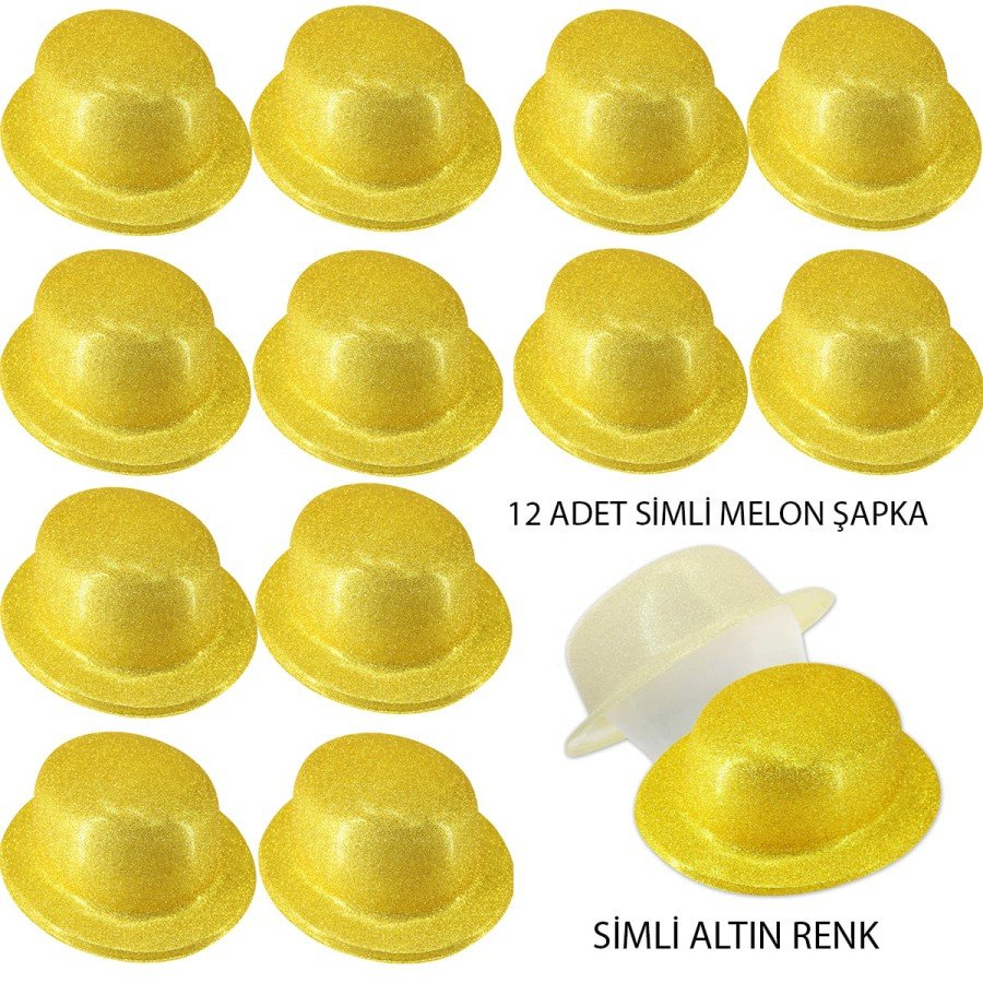 Gold Color Glitter Bowler Round Party Hat 12 Pieces