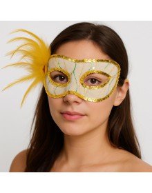Gold Color Sequin Embroidered Party Mask with Feathers on the Side 23x12 cm