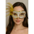 Gold Color Sequin Embroidered Party Mask with Feathers on the Side 23x12 cm