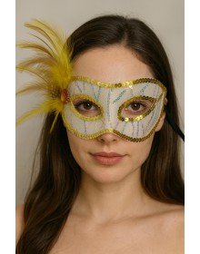 Gold Color Sequin Embroidered Party Mask with Feathers on the Side 23x12 cm