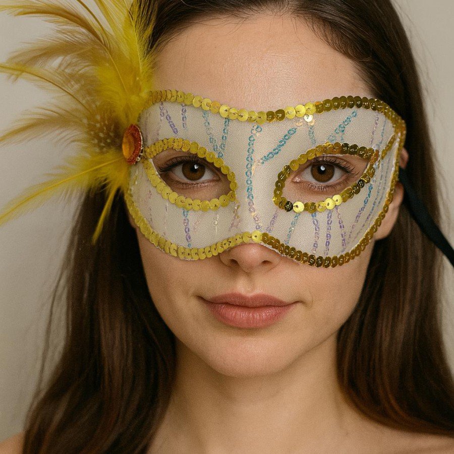 Gold Color Sequin Embroidered Party Mask with Feathers on the Side 23x12 cm