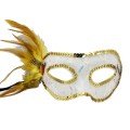 Gold Color Sequin Embroidered Party Mask with Feathers on the Side 23x12 cm