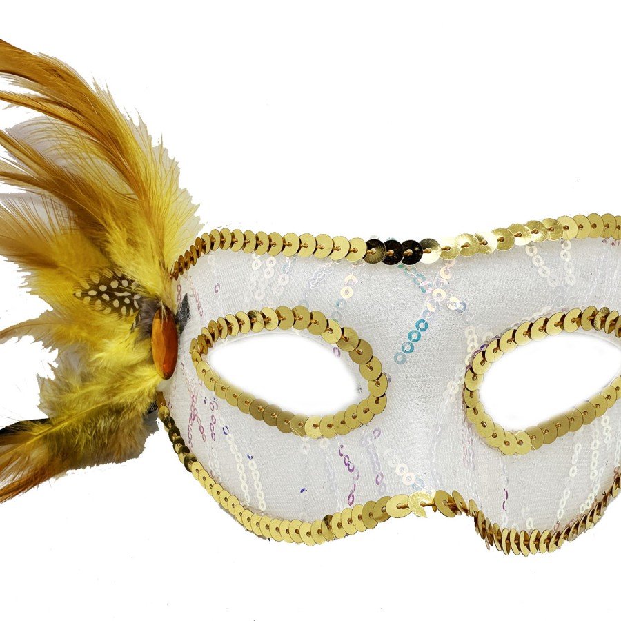 Gold Color Sequin Embroidered Party Mask with Feathers on the Side 23x12 cm
