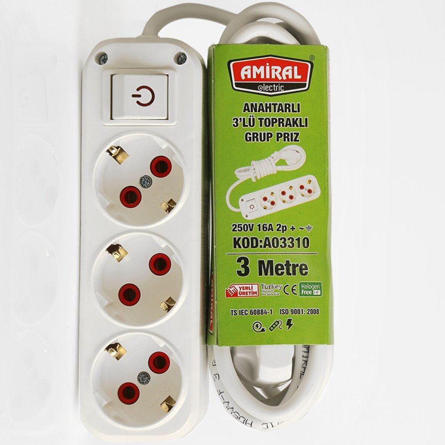 Admiral 3-Plus Group Socket with Grounded Switch and 3 Meter Cable
