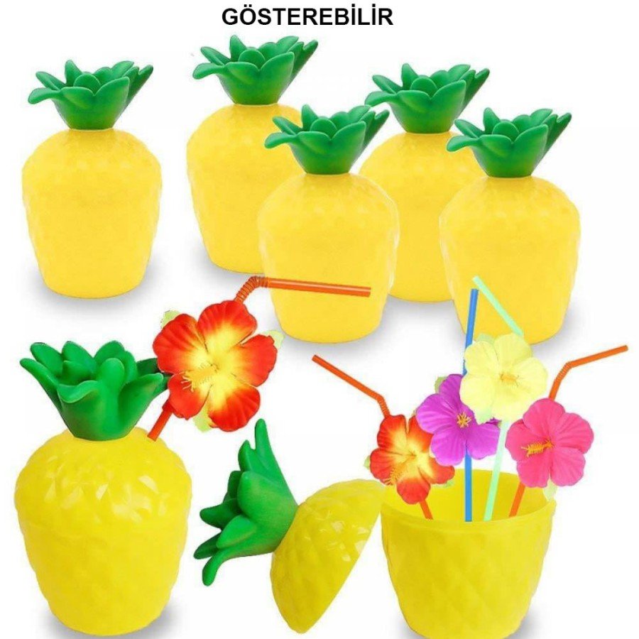 Pineapple Hawaiian Luau Aloha Beverage Container Glass with Straw 10x13 cm 1 Piece