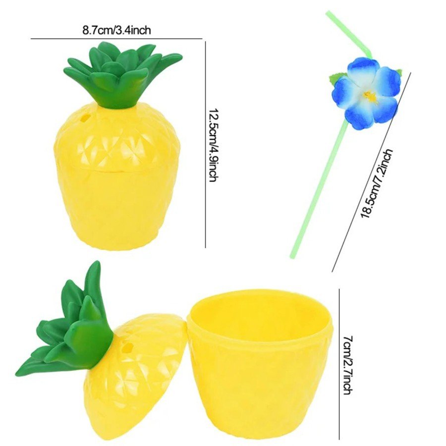 Pineapple Hawaiian Luau Aloha Beverage Container Glass with Straw 10x13 cm 1 Piece