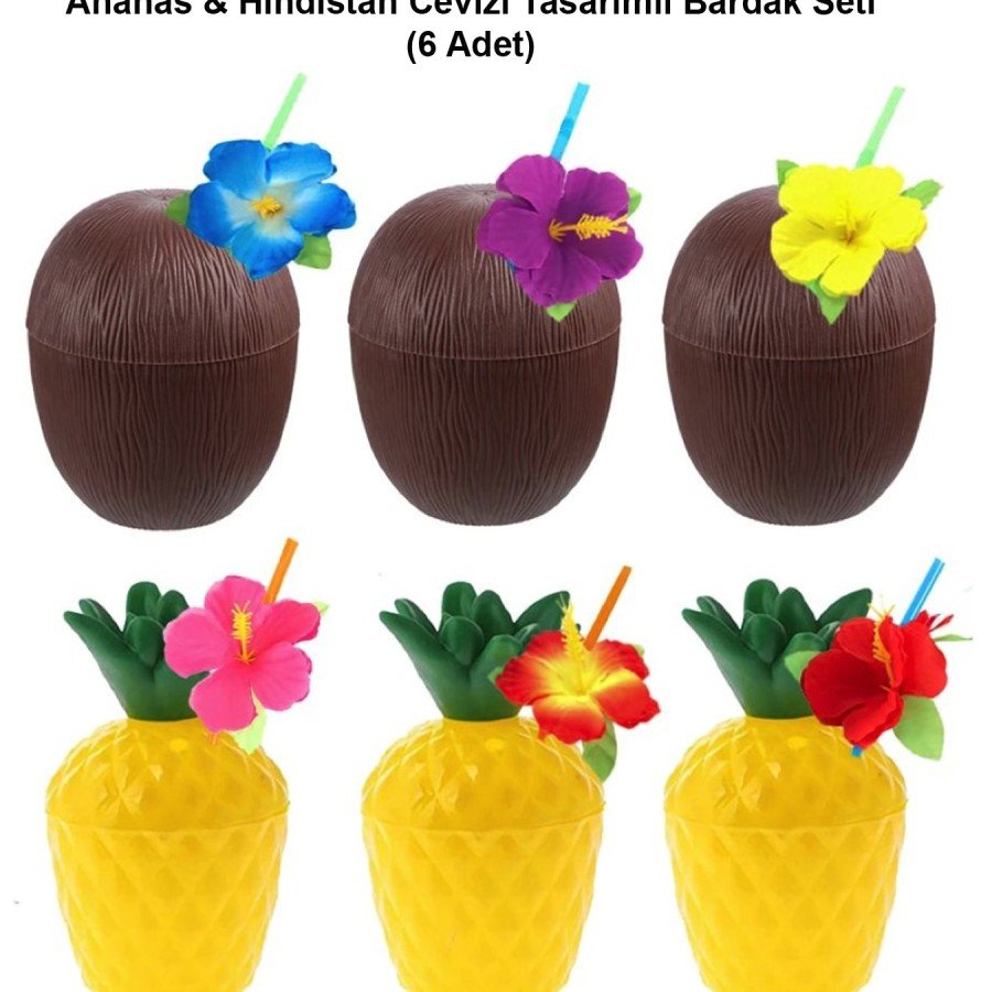 Pineapple & Coconut Designed Glasses with Straws Set (6 Pieces)