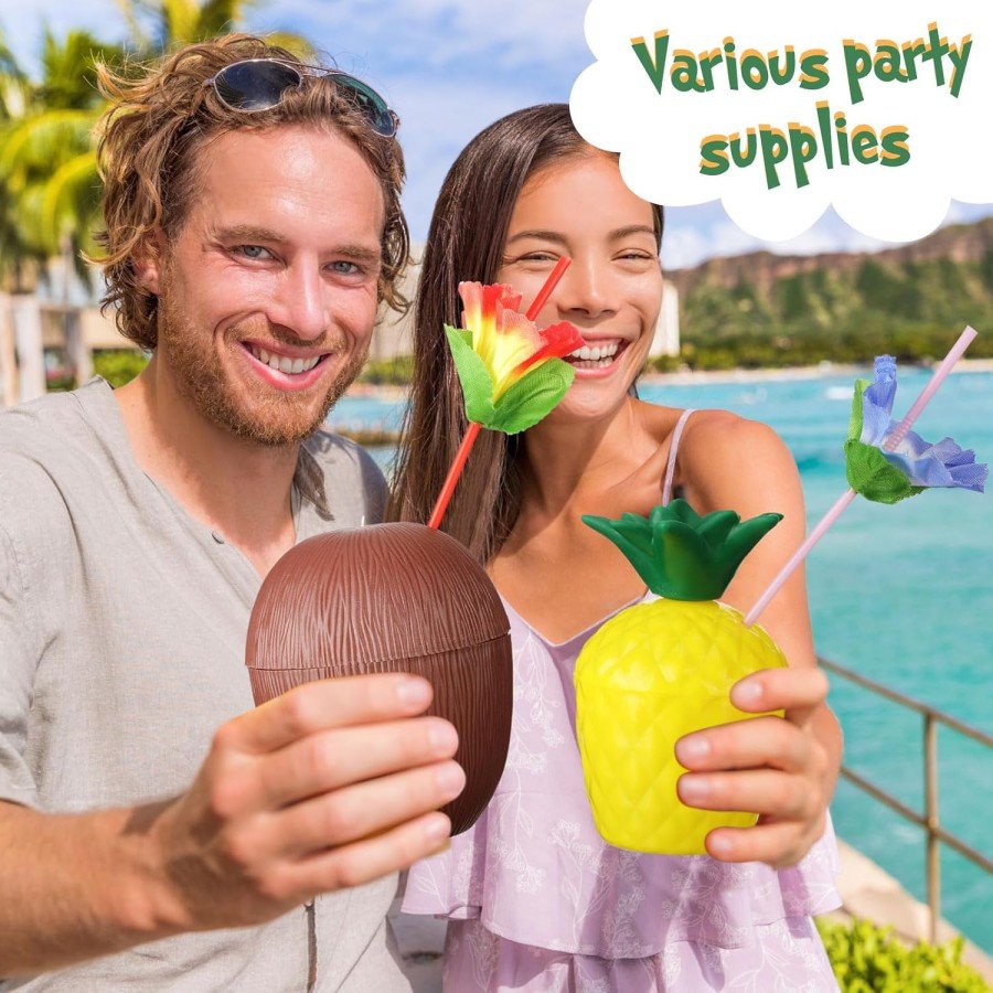 Pineapple & Coconut Designed Glasses with Straws Set (6 Pieces)