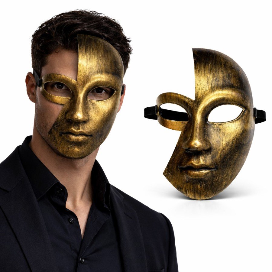 Gold Half Face Plastic Party Mask with Antique Effect