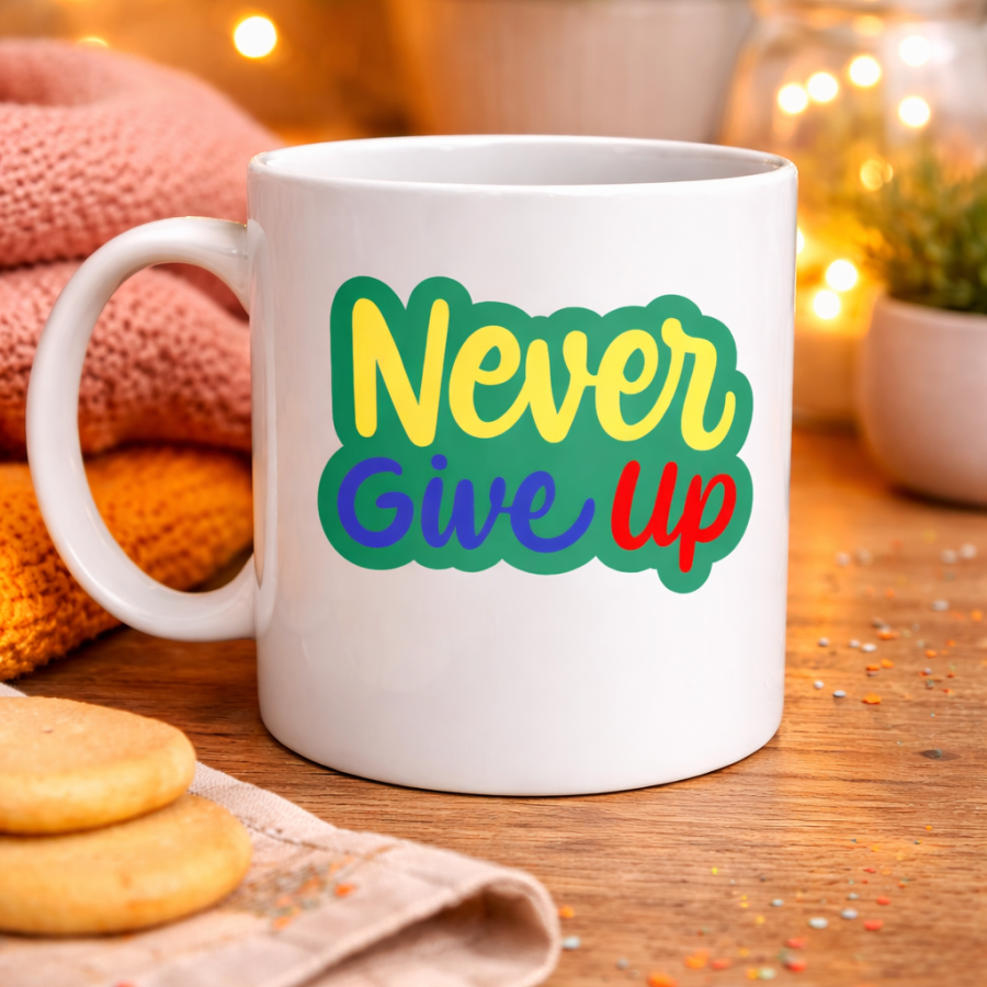 Never Give Up NEVER GIVE UP Written Porcelain Mug MODEL 145 – Motivational Themed Colorful Design – Coffee & Tea Cup – Morale-boosting Gift Mug