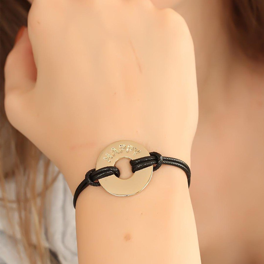 HAPPY Black Leather String Unisex Mood Bracelet