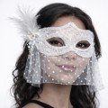 White Lace Tulle Veil Party Mask – Feathered Pearl Detail White Lace Tulle Veil Party Mask – Feathered Pearl Detail
