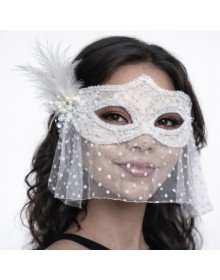 White Lace Tulle Veil Party Mask – Feathered Pearl Detail