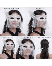 White Lace Tulle Veil Party Mask – Feathered Pearl Detail