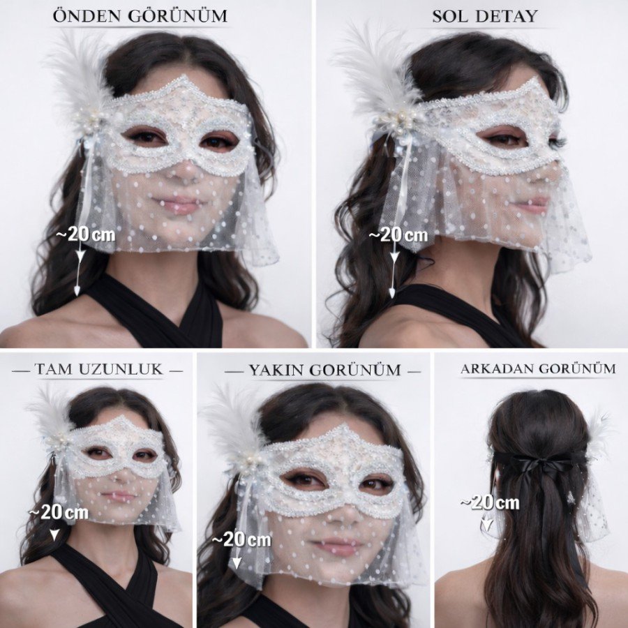 White Lace Tulle Veil Party Mask – Feathered Pearl Detail White Lace Tulle Veil Party Mask – Feathered Pearl Detail