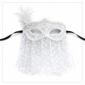 White Lace Tulle Veil Party Mask – Feathered Pearl Detail White Lace Tulle Veil Party Mask – Feathered Pearl Detail